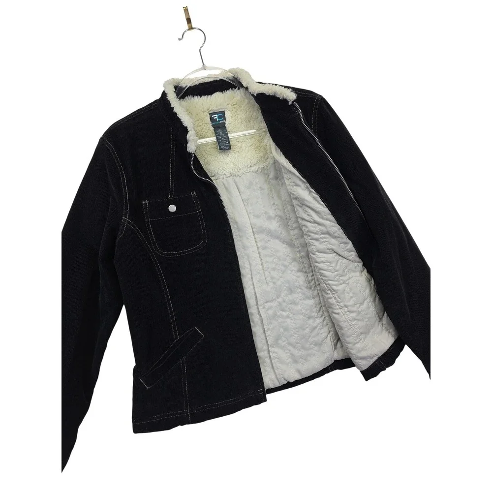 Y2K French Cuff Corduroy Jacket‎ Womens L Black Sherpa Lined Grunge Cozy Fall